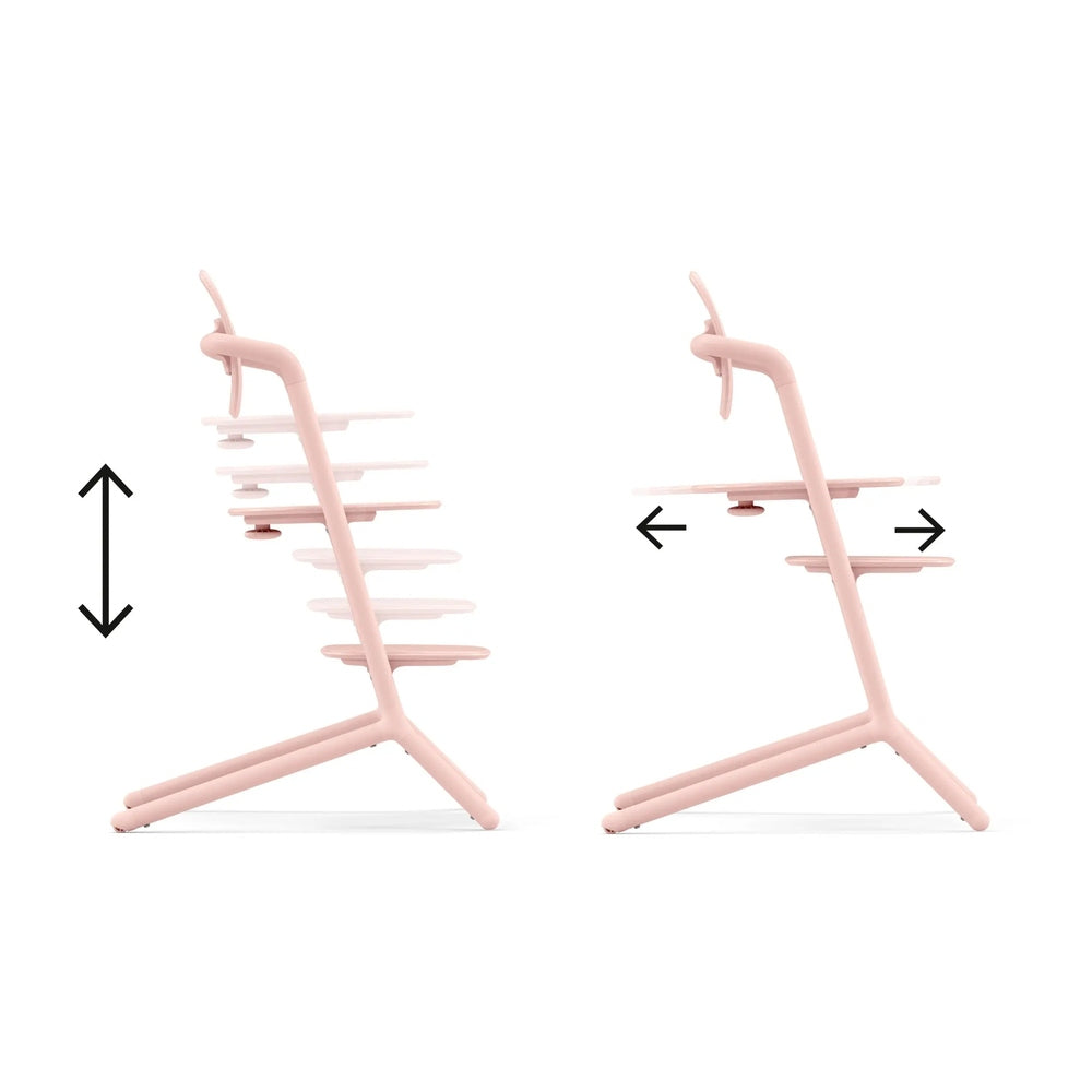 Feature graphic showing the Cybex Lemo 2 Chair in pink, adjustable height with movable footrest shown in two positions.