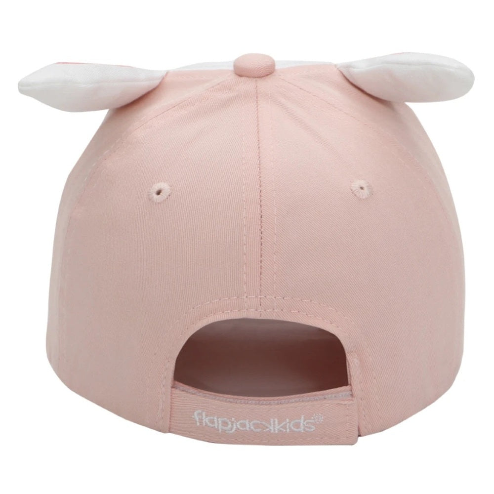 Flapjackkids 3D Bunny Cap, pink cotton with white ears and adjustable back strap featuring FLAPJACKKIDS