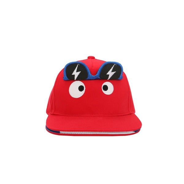 Flapjackkids 3D Monster Cap red hat with blue goggles and cartoon eyes, FLAPJACKKIDS.
