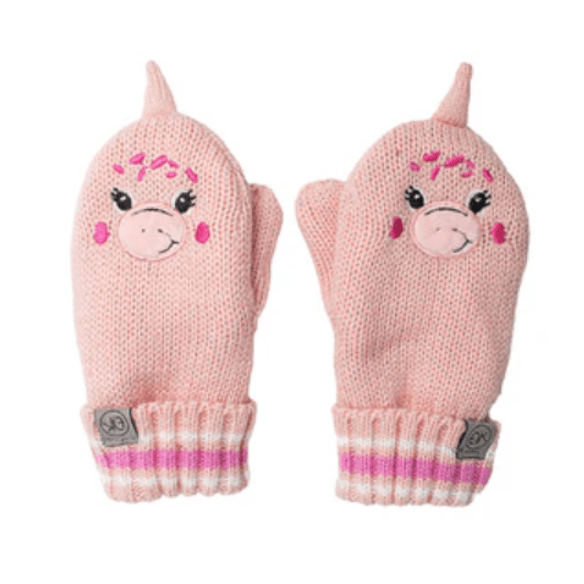 Flapjackkids Baby Knitted Mittens Dino Pink pair with cute dinosaur faces and striped cuffs