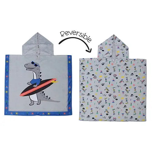 Flapjackkids Cover Up Dino reversible hooded towel, gray with blue trim, surfing dino on one side and colorful print on the reverse.