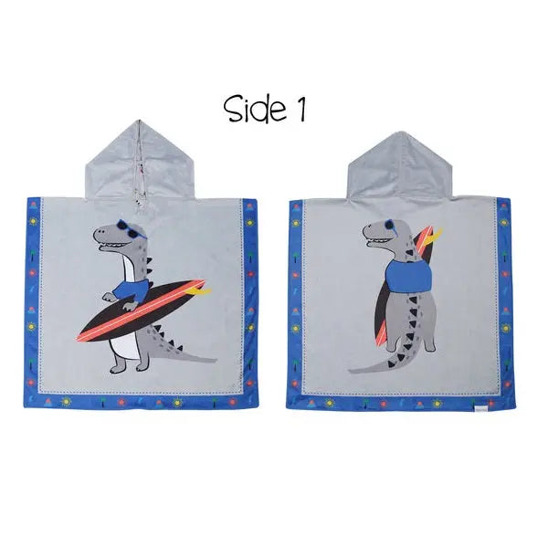 Flapjackkids Cover Up Dino hooded towel set, blue border, two-piece; dinosaur with surfboard on one side and rocket on the other.