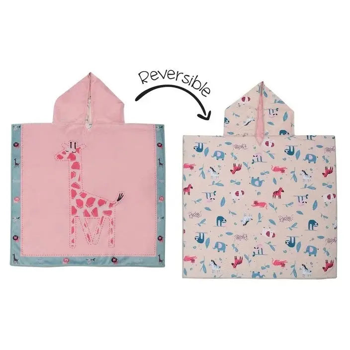 Flapjackkids Cover Up Giraffe/Zoo, pink with turquoise trim, shown reversible by flipping to beige zoo print.