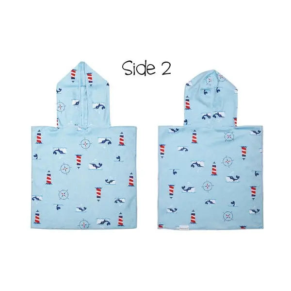 FLAPJACKKIDS Cover Up Shark/Nautical set of 2, light blue with sharks and lighthouses, laid flat with hoods up.
