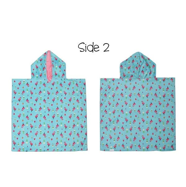 Flapjackkids Cover Up Turquoise Unicorn/Tropical print; two hooded ponchos laid flat for display.