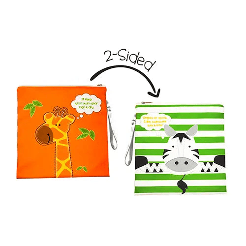 Flapjackkids 2-Sided Wet Bag shows orange giraffe design flipping to green zebra stripes, highlighting its dual designs.