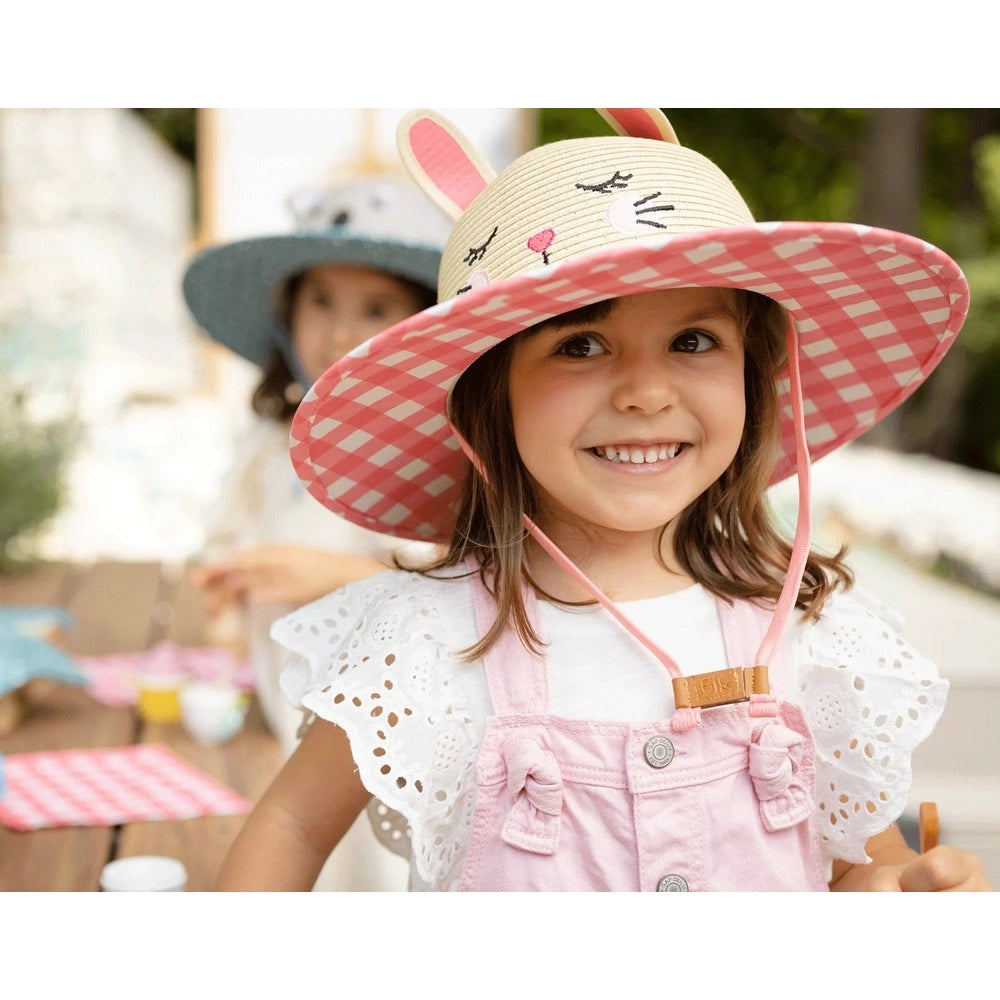 Flapjackkids kids lifeguard straw hat with bunny ears and pink gingham brim