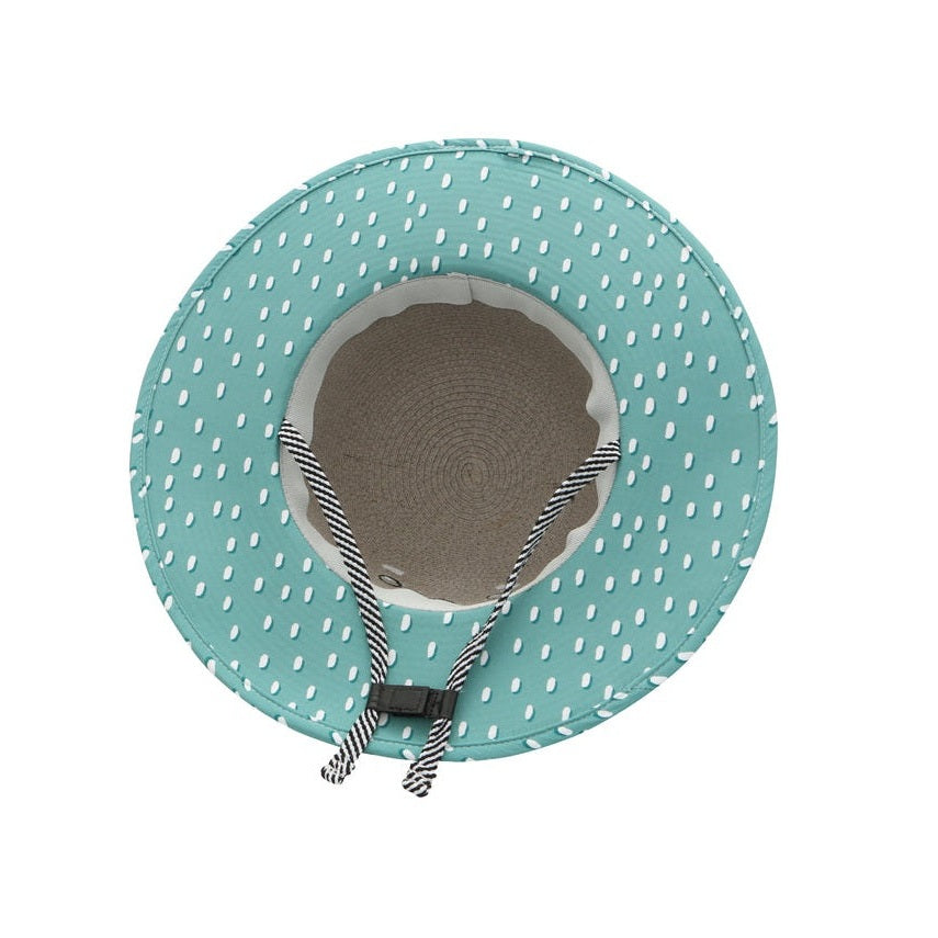 Flapjackkids kids lifeguard straw hat; turquoise dotted design with striped adjustable chin strap
