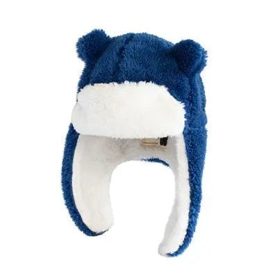 Flapjackkids Kids Sherpa Trapper Hat Navy, blue sherpa exterior with white fleece lining and folded ear flaps.