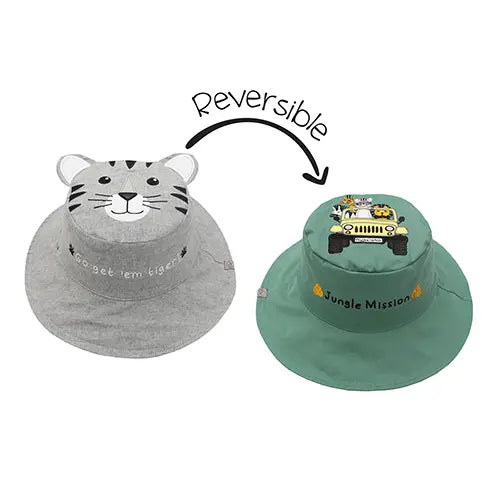 Flapjackkids Kids Sun Hat Tiger/Safari Truck, gray with tiger ears, reverses to green with vehicle print.