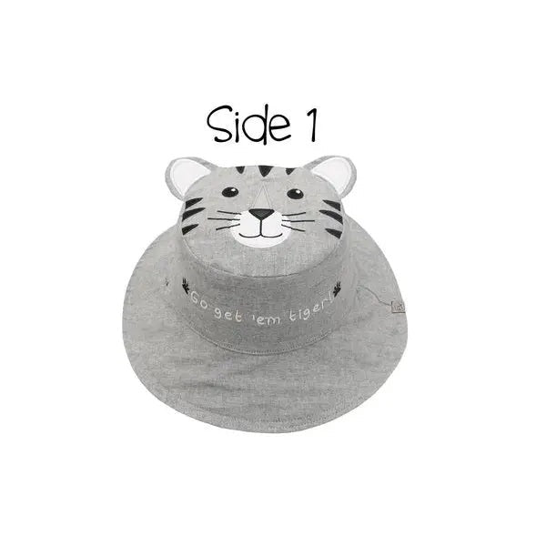 Flapjackkids Kids Sun Hat Tiger/Safari Truck in gray fabric with a playful tiger-face crown on a wide brim.