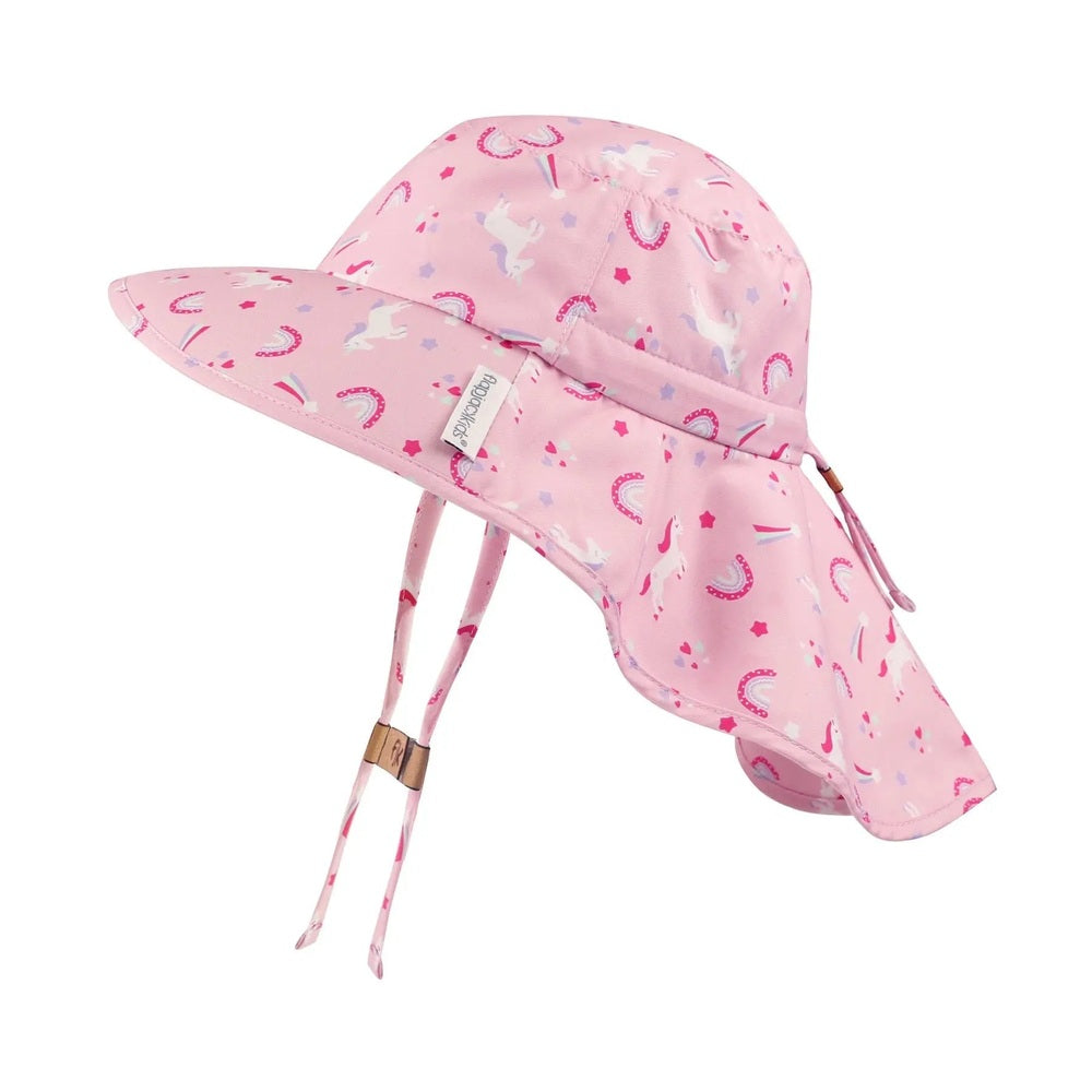 Flapjackkids Kids Sun Hat With Neck Cape Unicorn in pink, with adjustable chin ties and attached neck cape.