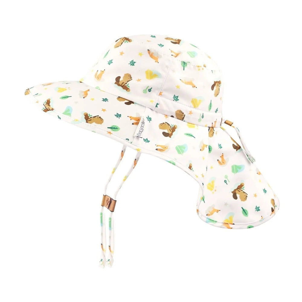 Flapjackkids Kids Sun Hat with Neck Cape Beaver in white with beaver print; chin straps tie to secure.
