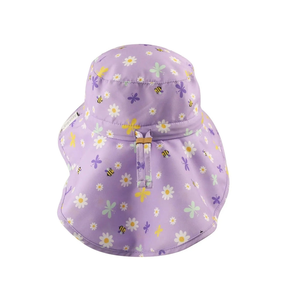 Flapjackkids Daisy Sun Hat with Neck Cape in lavender; visible daisies and bees on fabric, neck cape attached.