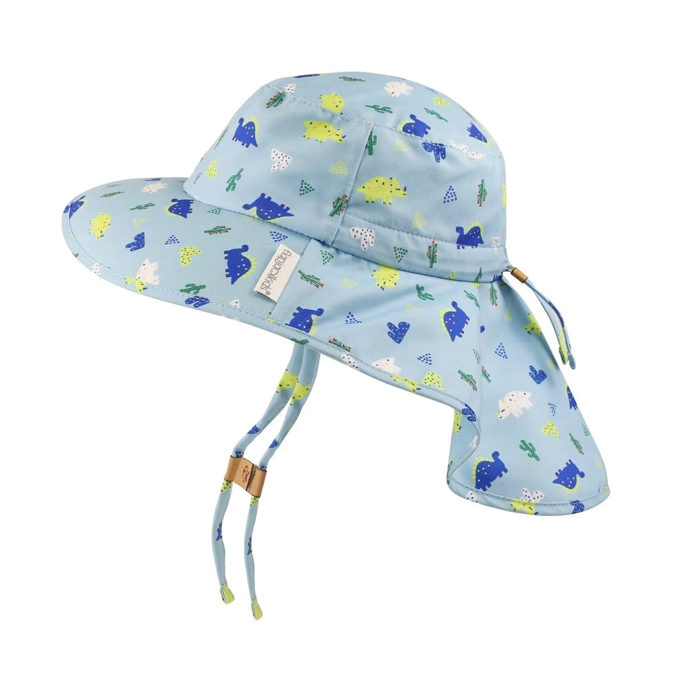 Flapjackkids Kids Sun Hat With Neck Cape Dinosaur in light blue; cape drapes over neck and adjustable chin straps secure fit.