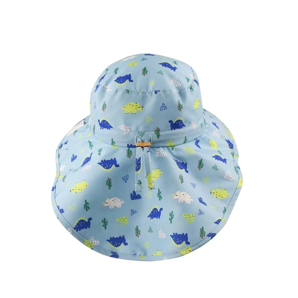 Flapjackkids kids sun hat with neck cape in light blue dinosaur print, back tie secured.