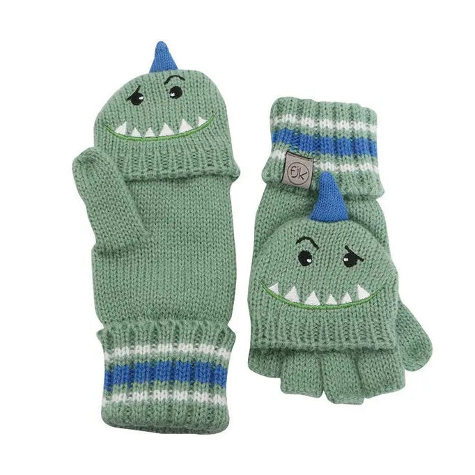 Flapjackkids Knitted Fingerless Gloves W/Flap Dinosaur, set of 2 green gloves with blue striped cuffs and dinosaur faces.