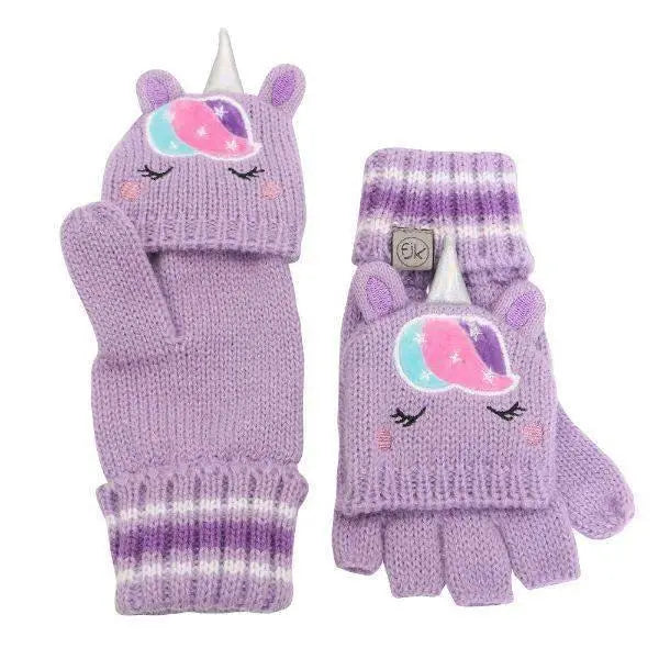 Flapjackkids Knitted Fingerless Gloves W/Flap Unicorn in lavender, showing unicorn flap and striped cuff on kid gloves.