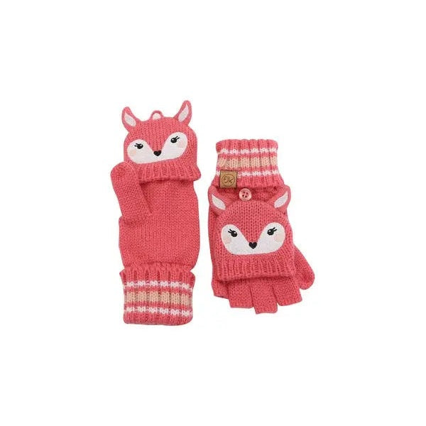 Flapjackkids Knitted Fingerless Gloves With Flap Deer, pink knit with white deer face, pair laid flat