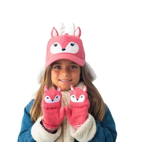 Flapjackkids Knitted Fingerless Gloves With Flap Deer in pink, worn by a girl and held up to show the flap feature