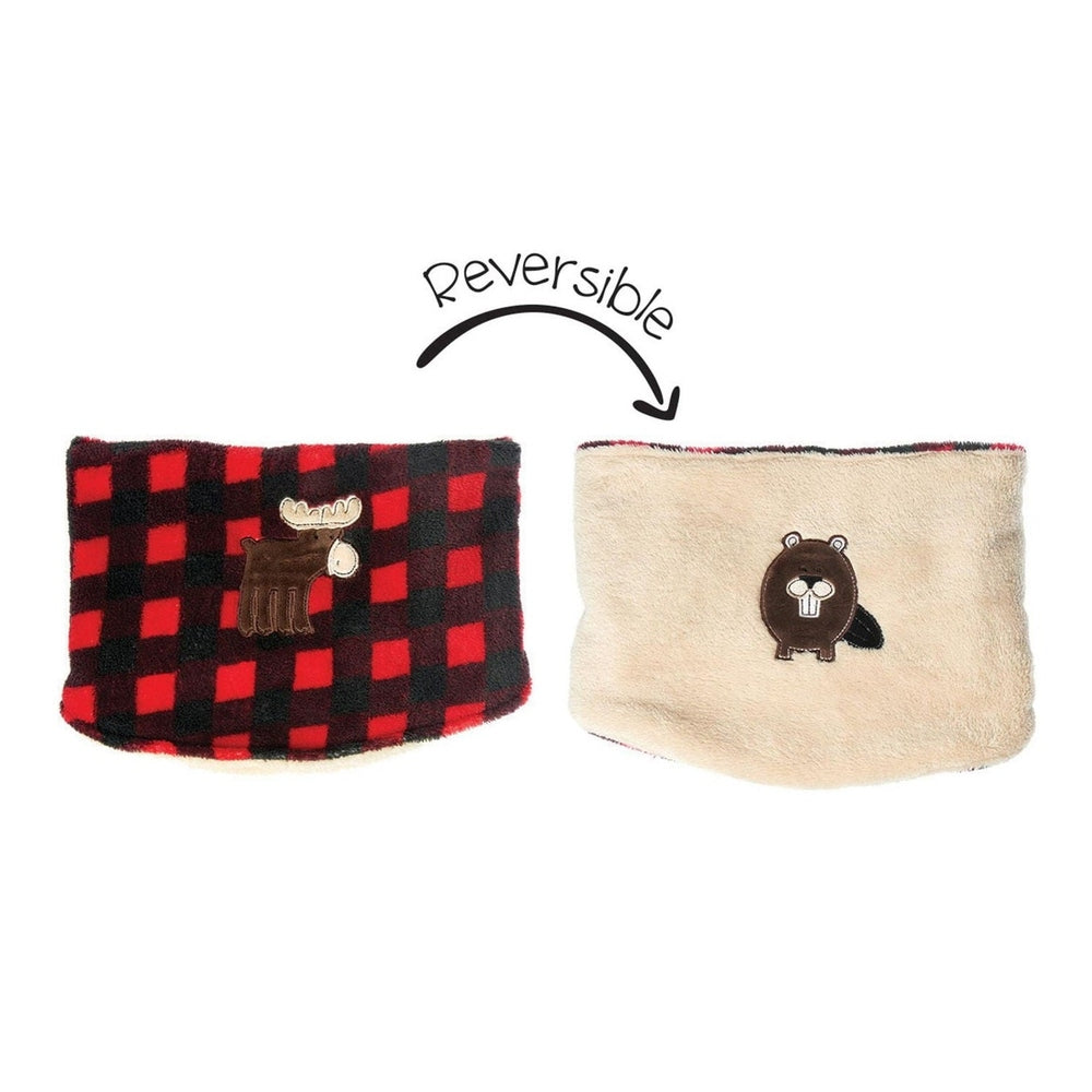 Flapjackkids reversible kids neck warmer with red plaid moose side and beige beaver side