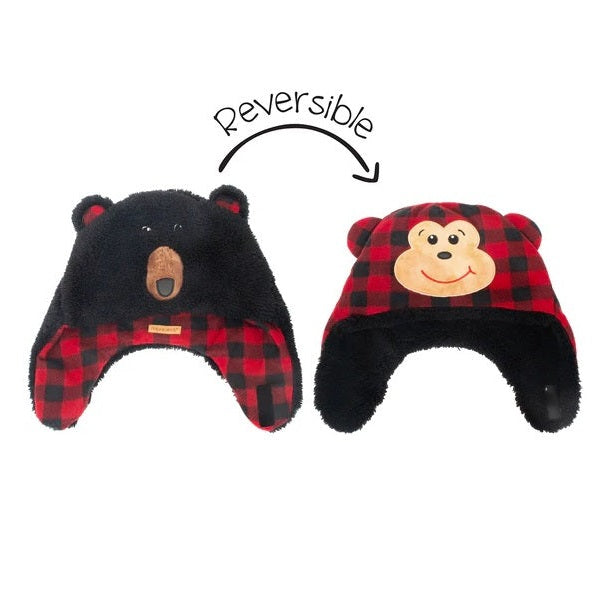 Flapjackkids reversible sherpa hat with black bear side and red plaid monkey side.