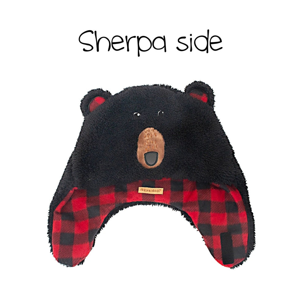 Flapjackkids reversible sherpa hat, black bear design with red plaid lining