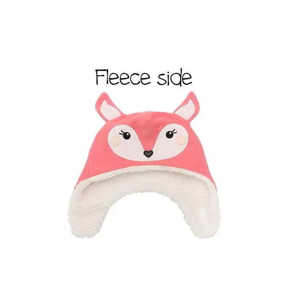 Flapjackkids Reversible Kids Sherpa Hat Bunny & Deer; pink fleece outside, cream sherpa inside with ear-flap design.