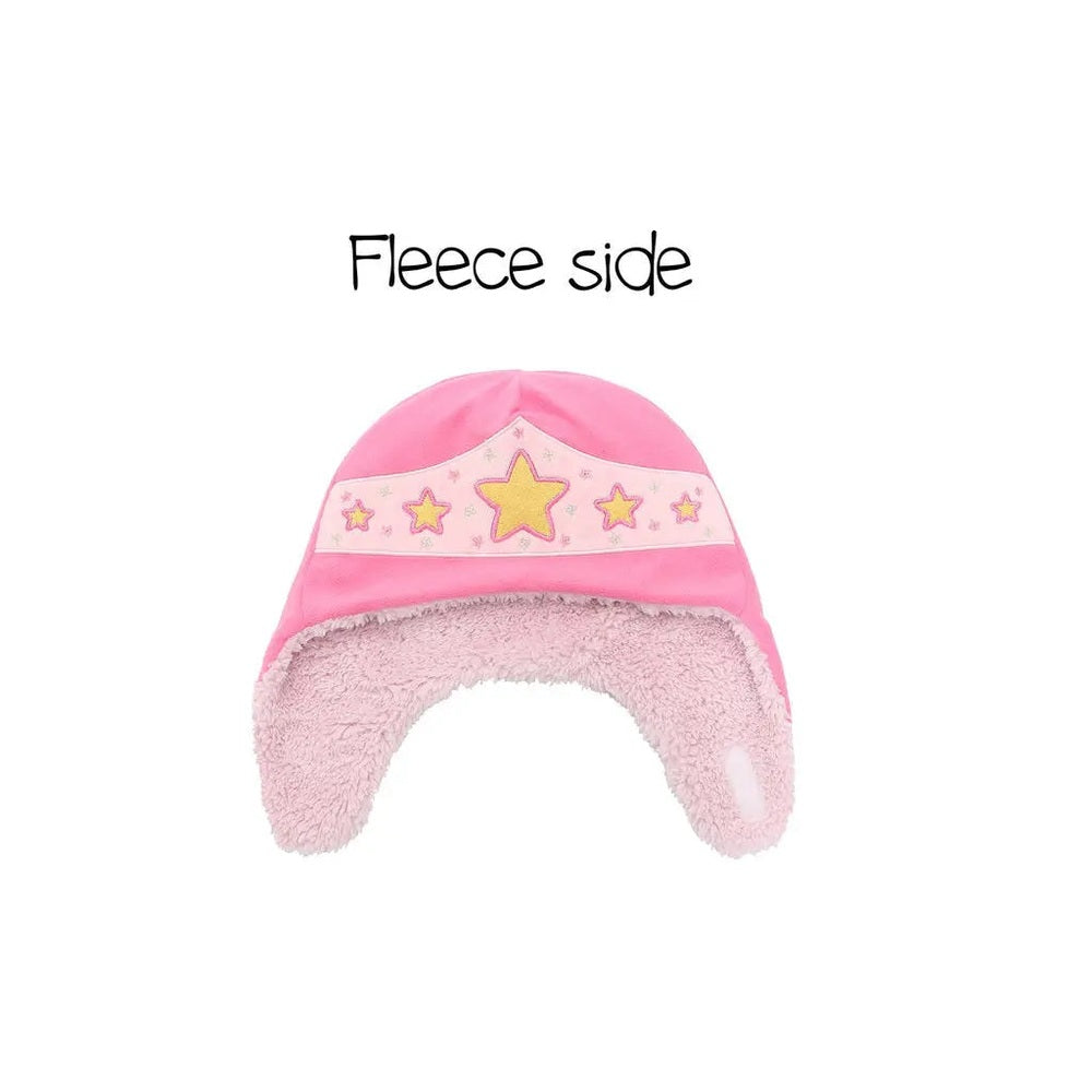 Flapjackkids Reversible Kids Sherpa Hat Cat & Superhero, pink fleece exterior with fluffy pink lining and star band