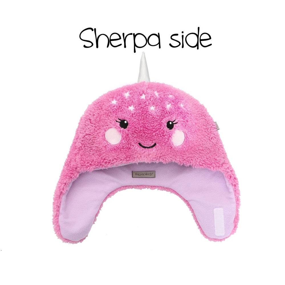 Flapjackkids reversible sherpa hat unicorn narwhal, pink plush with lavender lining, FLAPJACKKIDS