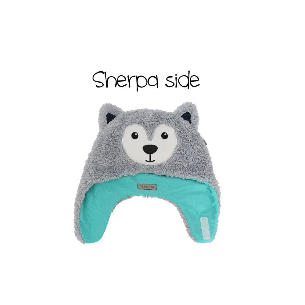 Flapjackkids Reversible Sherpa Hat Wolf design with turquoise lining revealed on the open side