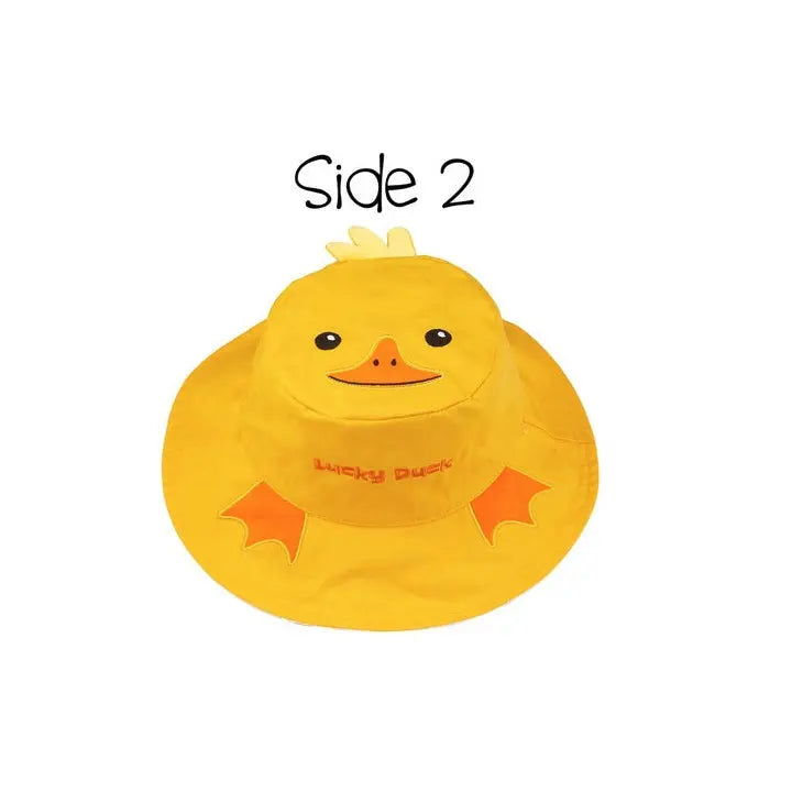 Flapjackkids Reversible Kids Sun Hat Cow & Yellow Duck, bright yellow duck design with orange beak and wings