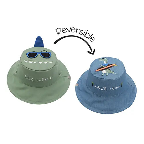 Flapjackkids Reversible Kids Sun Hat Dinosaur & Surfer Dino; green dinosaur with sunglasses flips to blue surfer-dino.