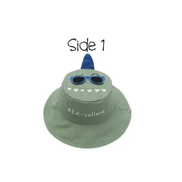 Flapjackkids Reversible Kids Sun Hat Dinosaur & Surfer Dino, sage green with blue sunglasses, rex-cellent.