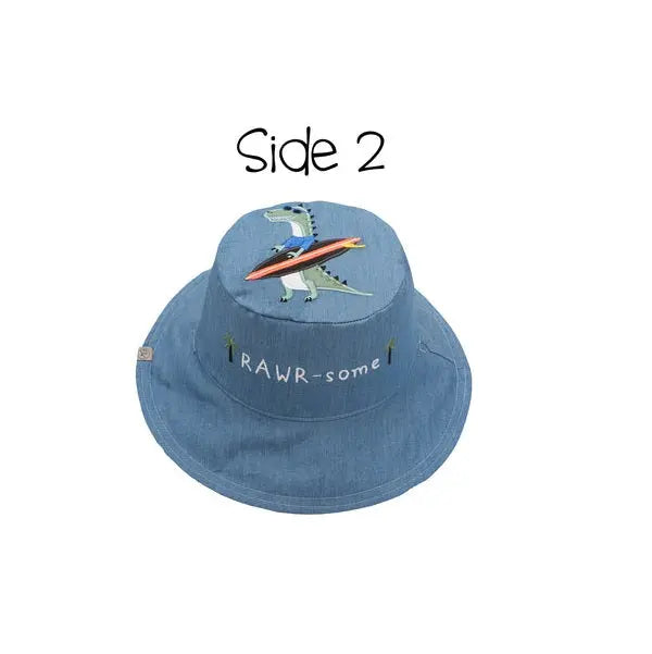 Flapjackkids Reversible Kids Sun Hat in denim blue with a playful surfing dinosaur applique on crown.