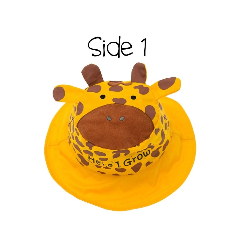 Flapjackkids reversible kids sun hat, giraffe print on bright yellow with brown accents