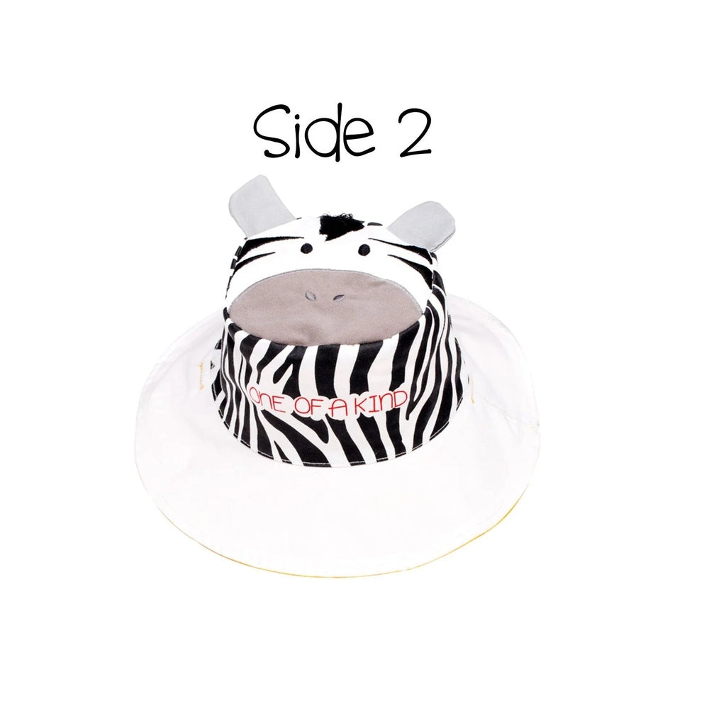 Flapjackkids reversible kids sun hat in zebra print with giraffe ears and white brim