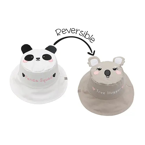 Flapjackkids Reversible Kids Sun Hat Panda & Koala, white panda side to beige koala side shown as reversible