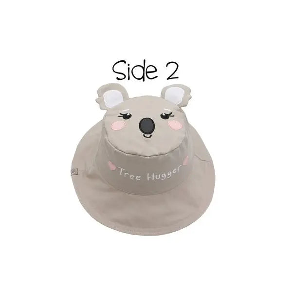 Flapjackkids Reversible Kids Sun Hat Panda & Koala, Side 2, gray with panda-koala face and ears.
