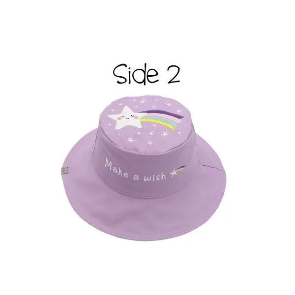 Flapjackkids Reversible Kids Sun Hat Unicorn & Star, lilac with unicorn and rainbow motif; top view shows playful design.