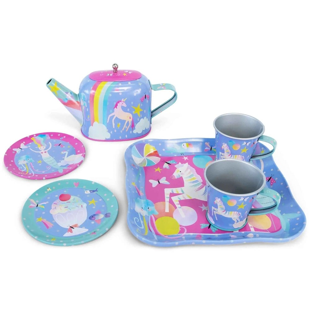 Floss And Rock 7pc Tea Set Fantasy for imaginative play; a pink-blue unicorn-themed teapot, cups, plates on a colorful tray.