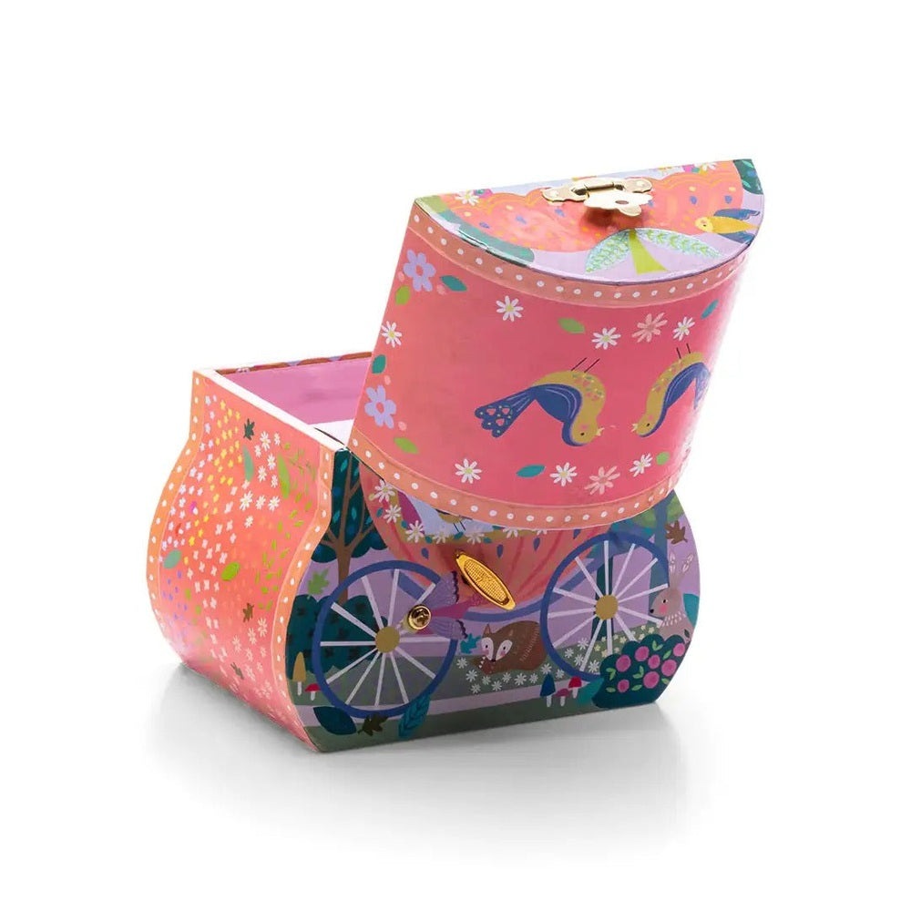 FLOSS AND ROCK Carriage Jewelry Box Fairy Tale in pink, open lid shows floral interior and golden clasp.