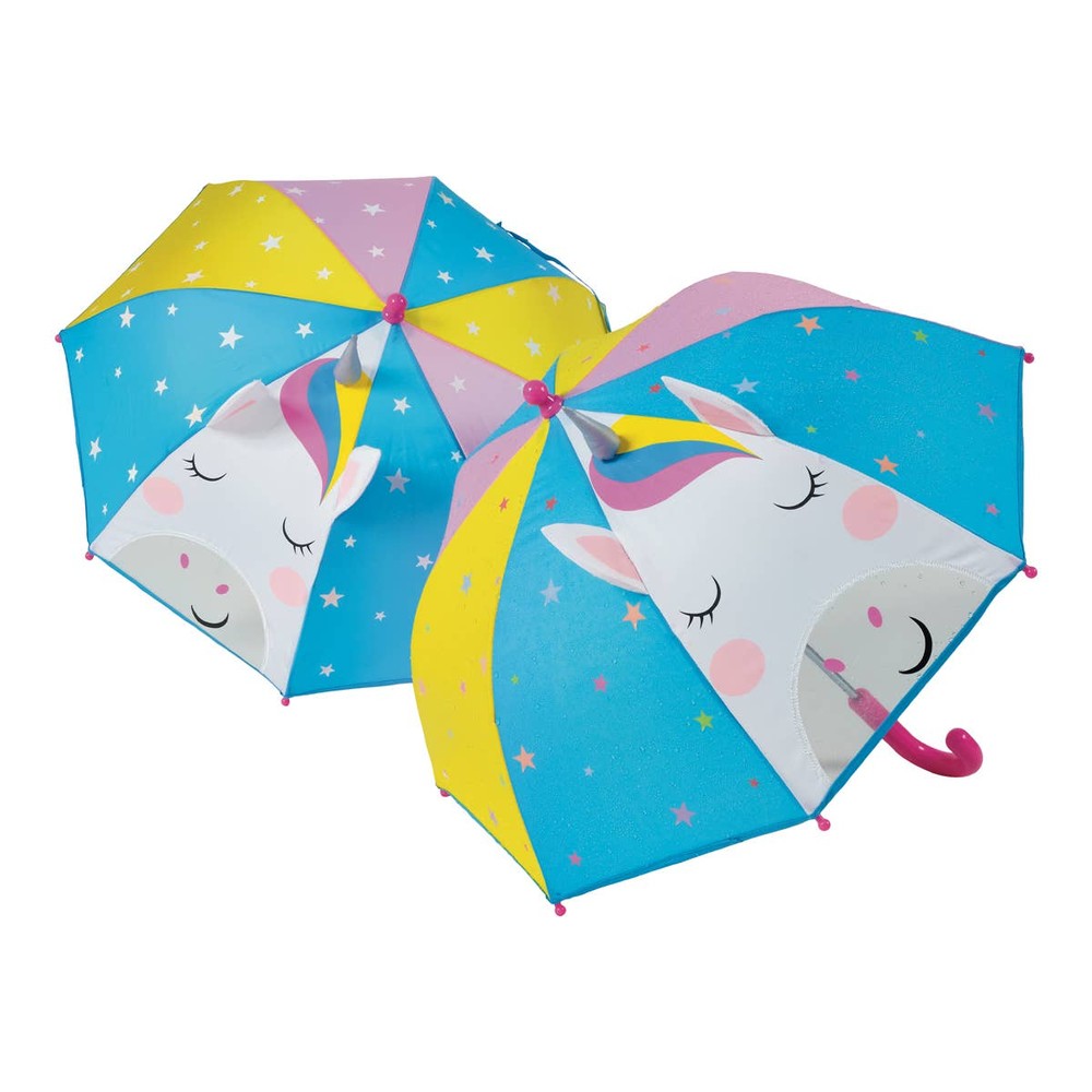 Floss and Rock unicorn 3D color-change umbrella set (2) with blue, yellow, pink rainbow panels.