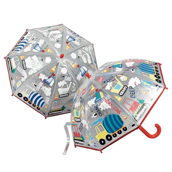 Floss and Rock construction color-change umbrella; grey canopy with construction icons, red curved handle, set of 2