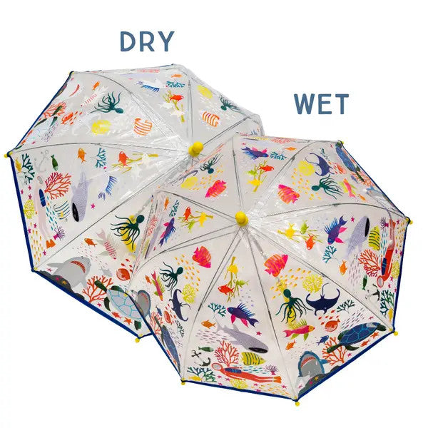 FLOSS AND ROCK color-change deep-sea transparent umbrella set with colorful marine life patterns, 2 umbrellas.
