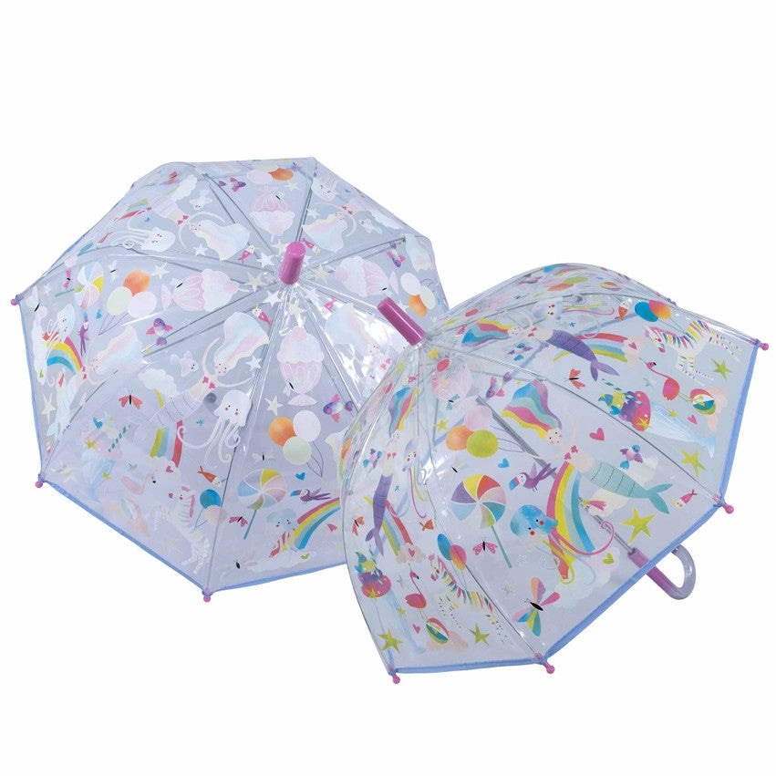 Floss And Rock color-change kid's umbrella set; two transparent canopies featuring unicorns and rainbows