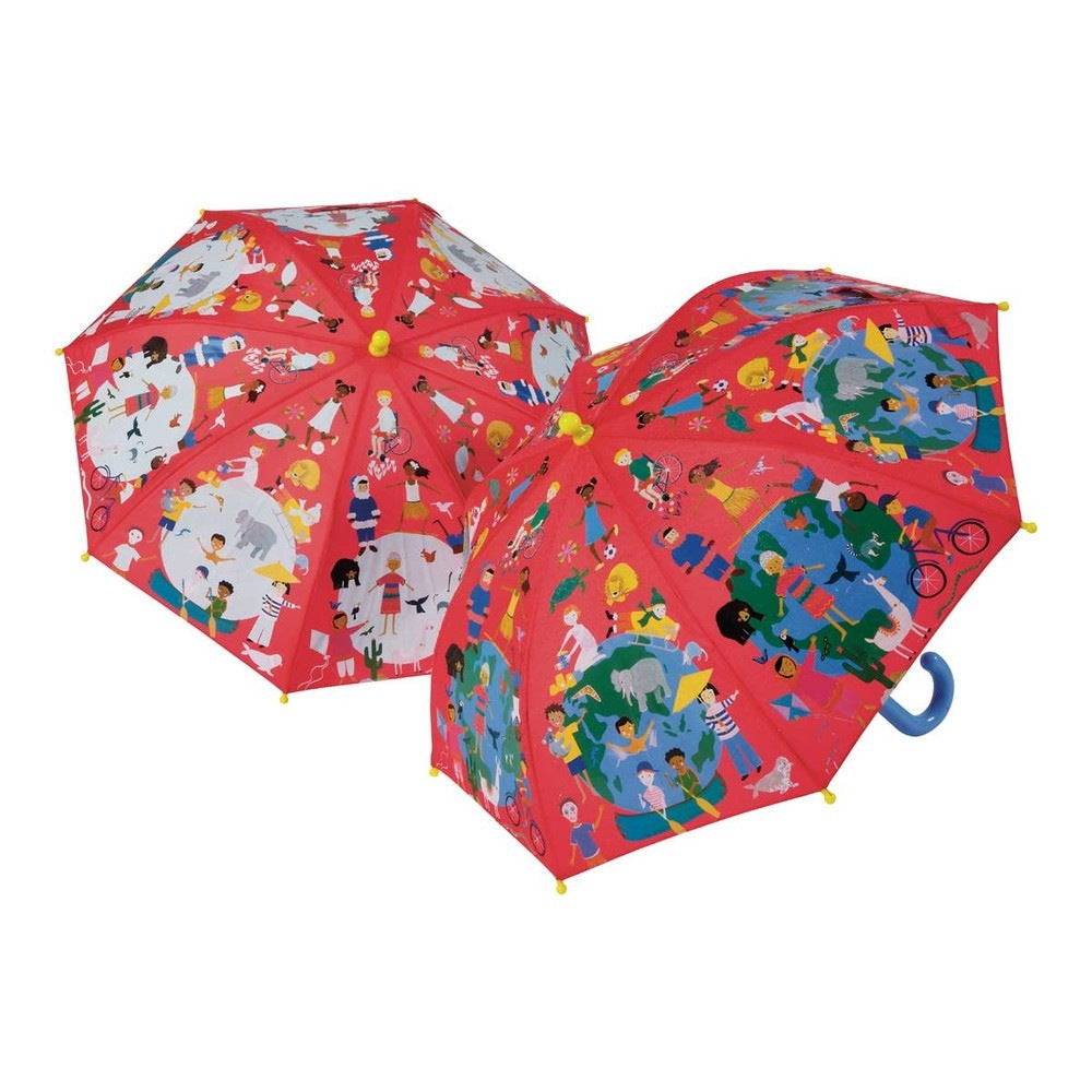 Floss and Rock color-change umbrella, One World design, red with vivid global scenes (set of 2)