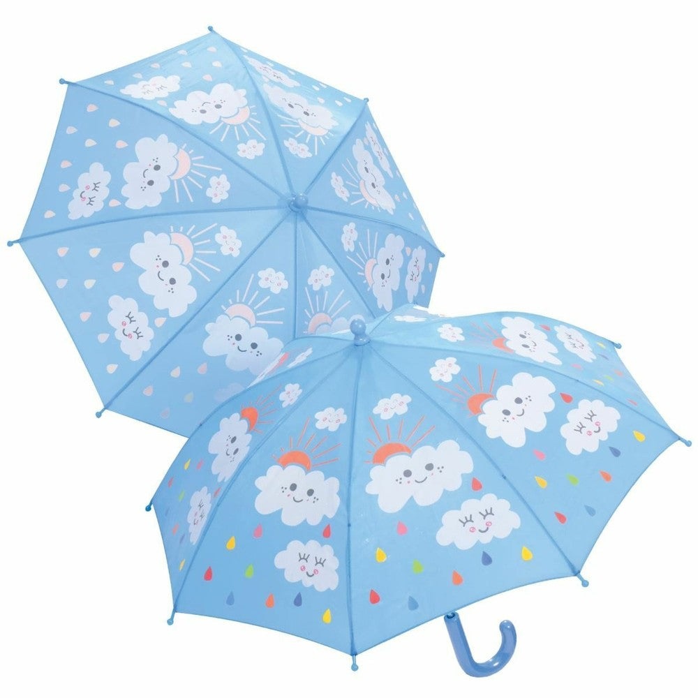 Floss and Rock color-change umbrella set; blue umbrellas with smiling clouds and raindrops (2)