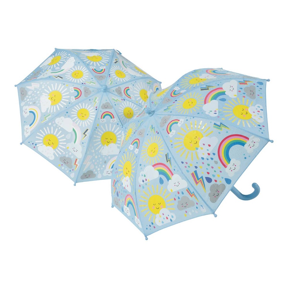 Floss and Rock color-change umbrella set; two blue umbrellas with suns, clouds and rainbows.