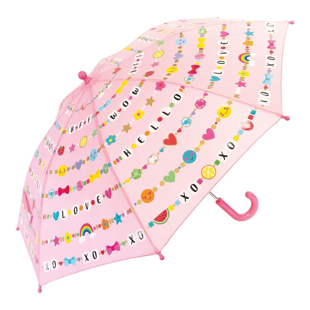 Floss And Rock Color Change Umbrellas Friendship, pink canopy with colorful bead designs, curved pink handle visible